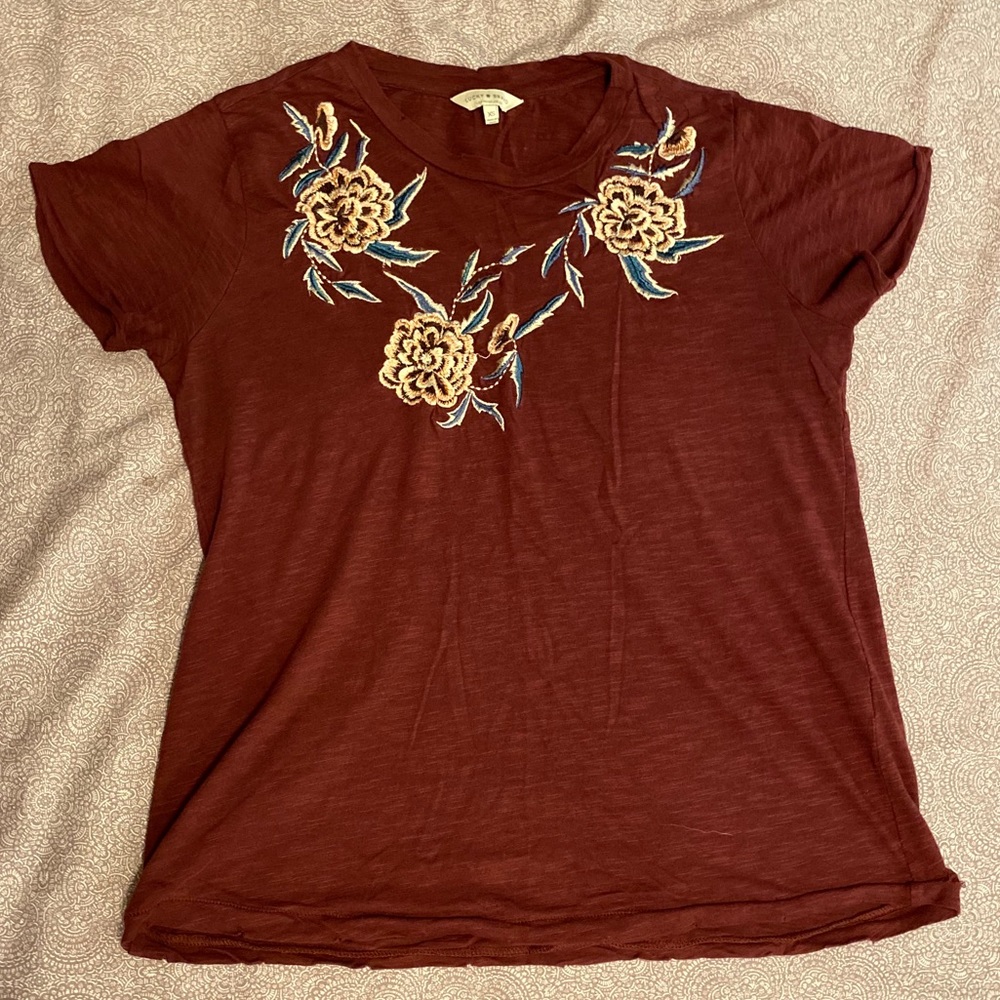 Lucky Brand Distressed Tee w/Embroidered Flowers
